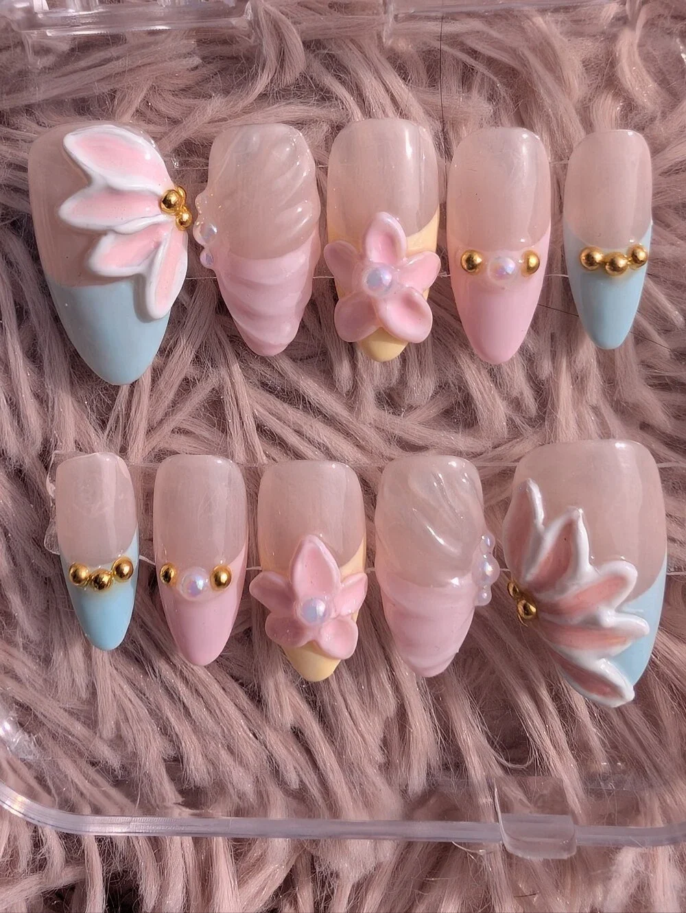 Pastel Pink 3D Floral Press-On Nails with Pearl & Gold  Accents